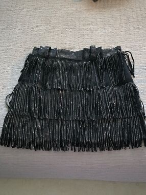 Black Fringe Mini Skirt with Stud Detail